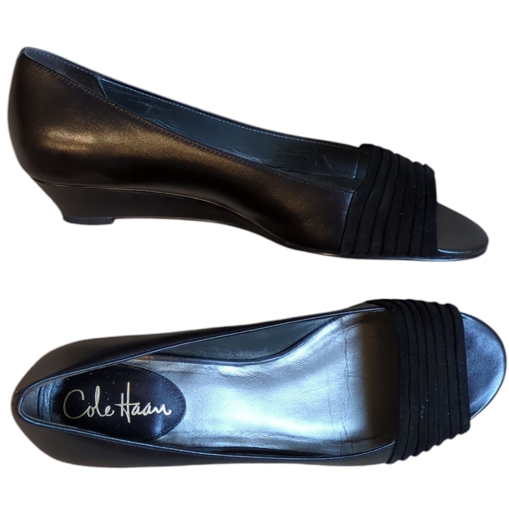 Cole Haan Wedge Heel Open Toe Shoes, 8, Velvet And Leather Dress Sandal - Picture 2 of 12